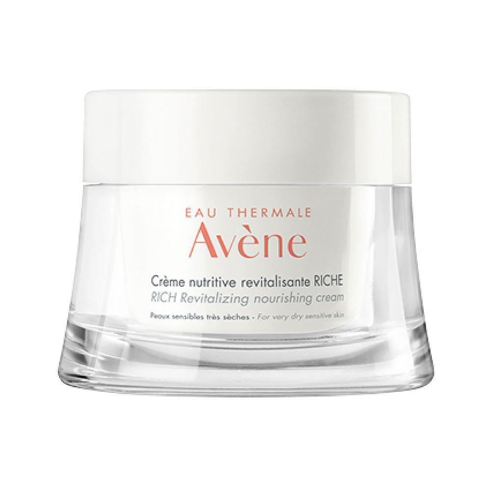 Avène Creamy white nourishing cream in a minimalist plastic jar with screw lid, tactile finish