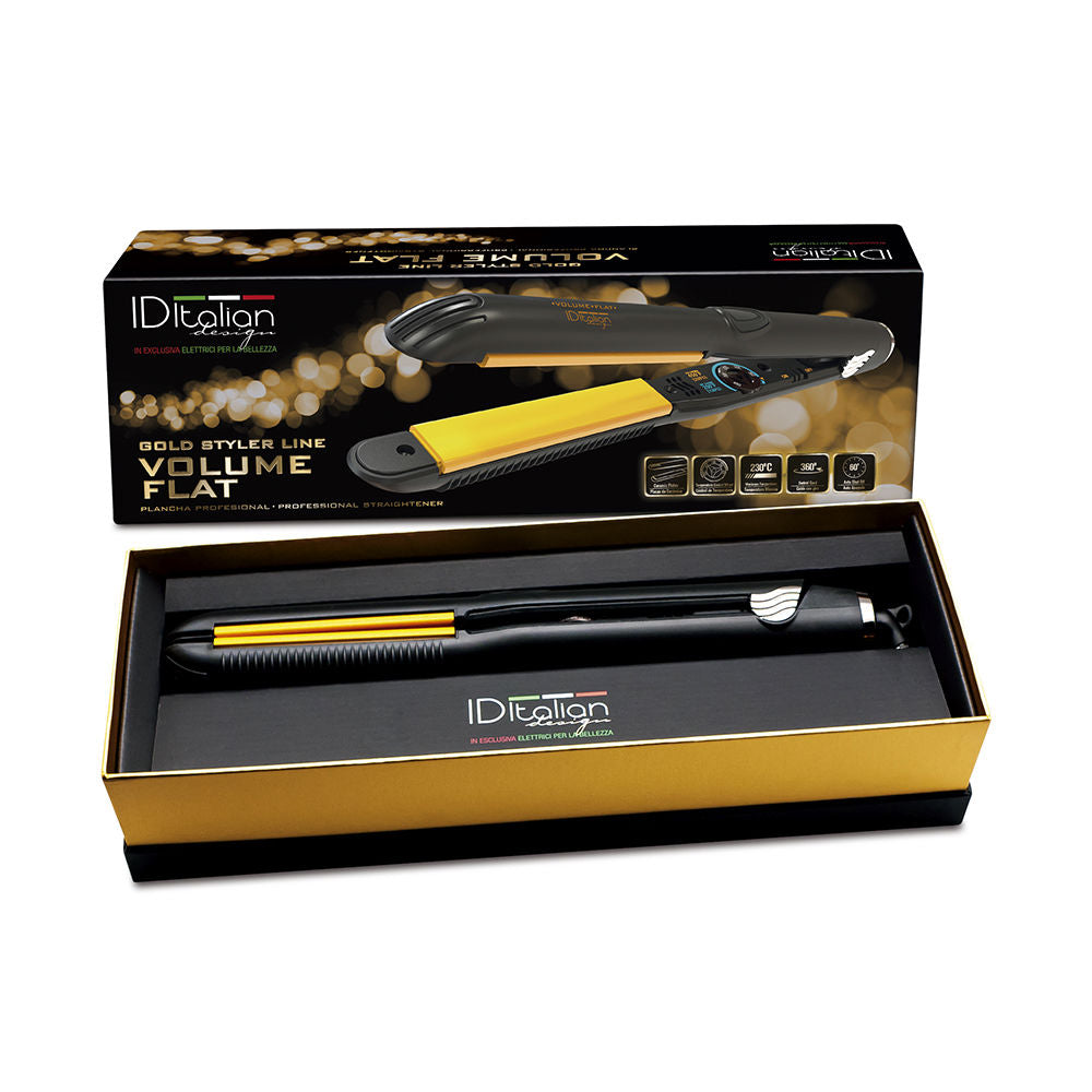 Gold narrow-plate ceramic hair straightener with 93x20mm plates and temperature dial