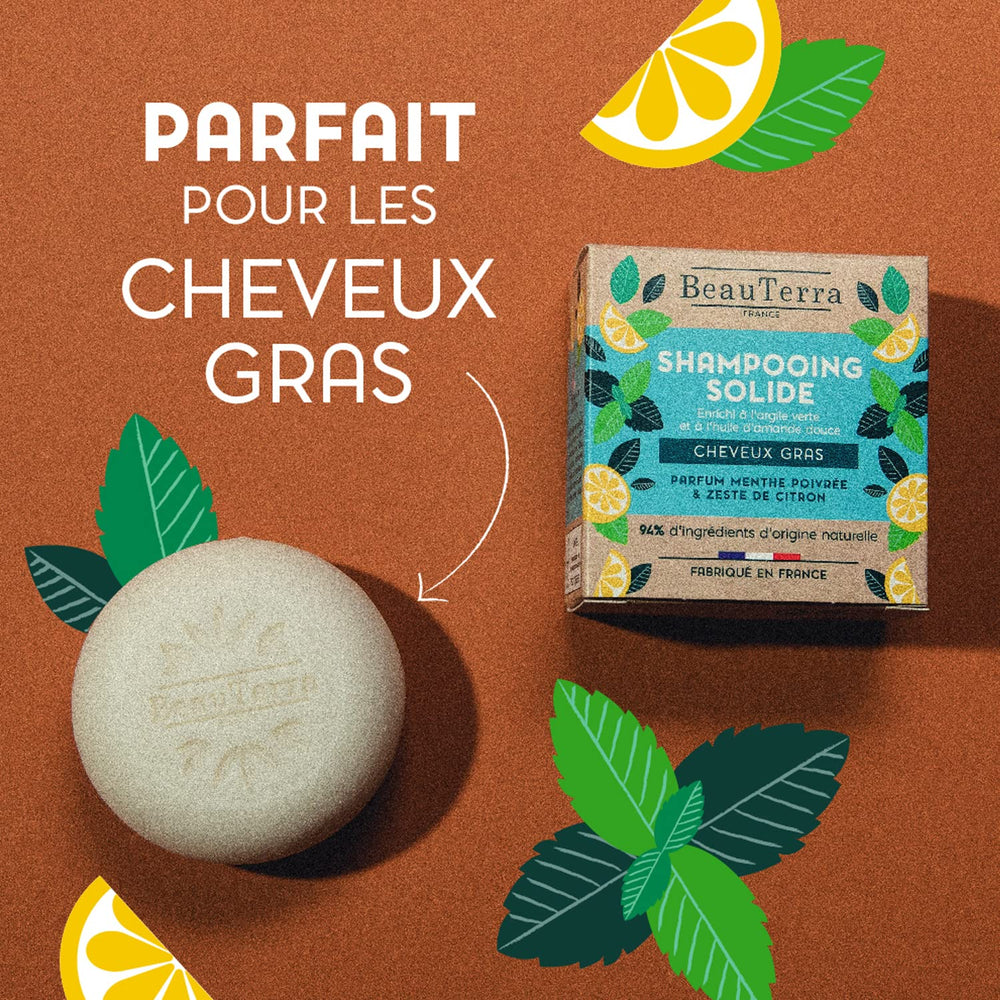 Round mint-green solid shampoo bar with paper wrap, 75 g, lemon accent
