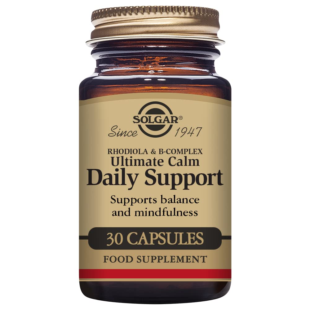 Bottle of Solgar Ultimate Calma Diaria capsules for daily stress support, vegan formula.