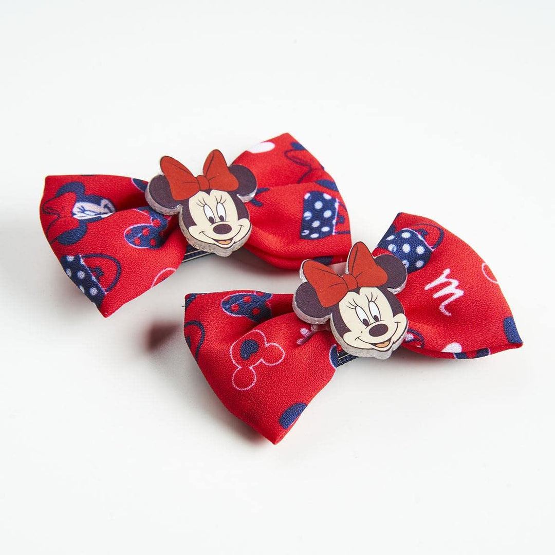 Inca Pair of red fabric bow hair clips with Minnie face and white polka dots, double clip set