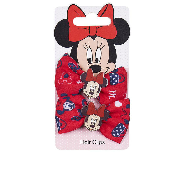 Inca Pair of red fabric bow hair clips with Minnie face and white polka dots, double clip set