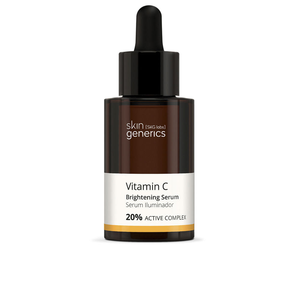 Skin Generics Amber glass serum bottle with dropper cap, white label and gold stripe, brown and black accents