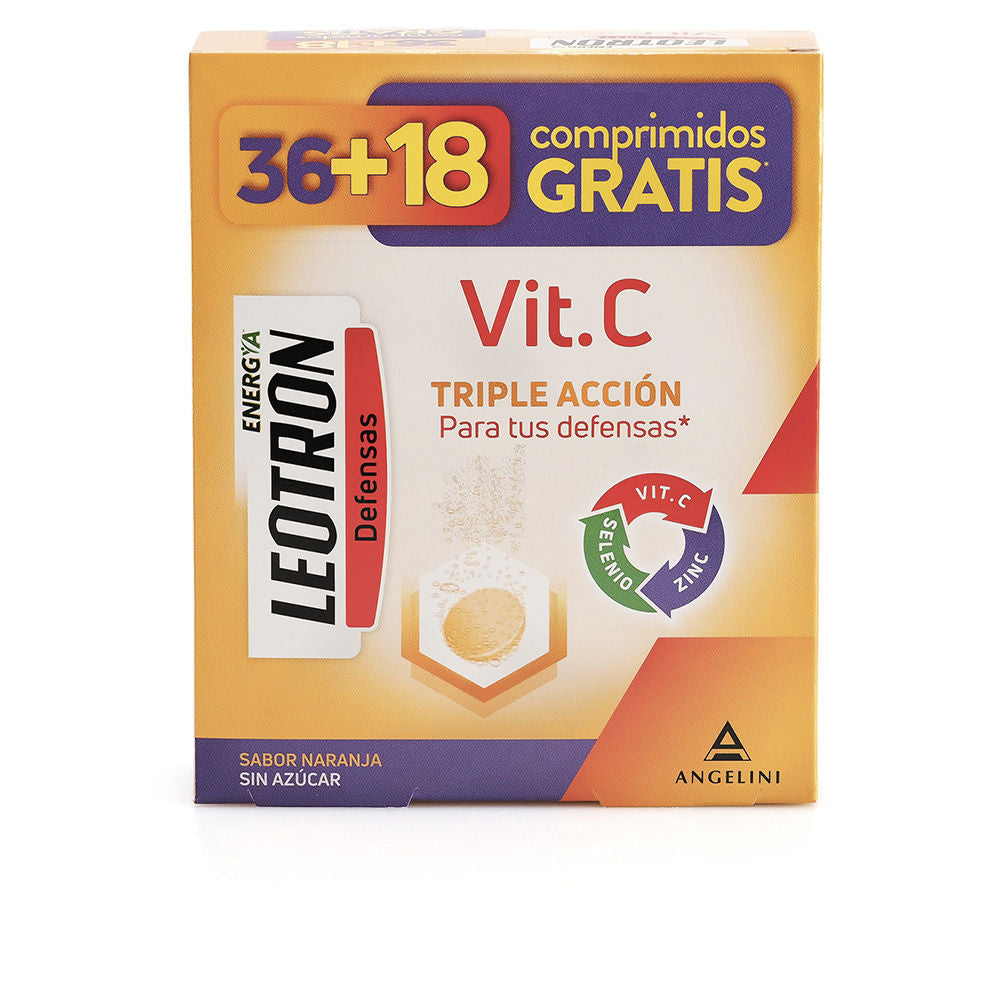 Leotron Boxed vitamin supplement with orange, yellow, purple and white packaging, hexagon tablet illustration, clean modern text
