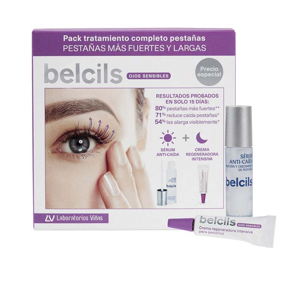 Slim bottle of Belcils eyelash-strengthening serum with applicator near lashes