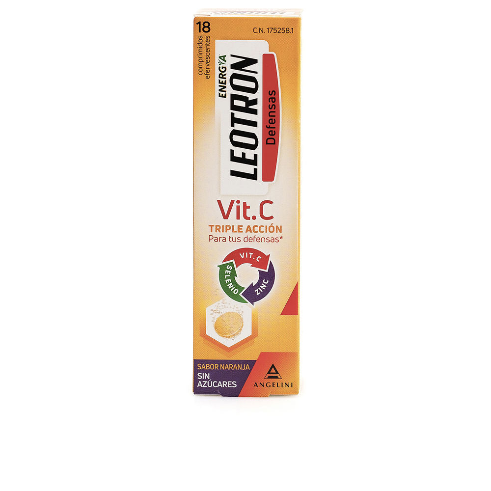 Leotron-branded orange and white effervescent tablet packaging with multicolored accents, modern clean cardboard box