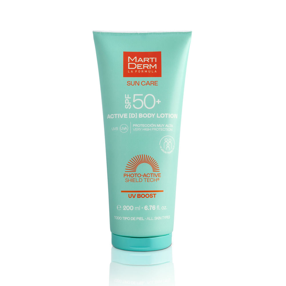 Martiderm Light turquoise plastic tube of body lotion with flip-top cap, printed text and modern clean design