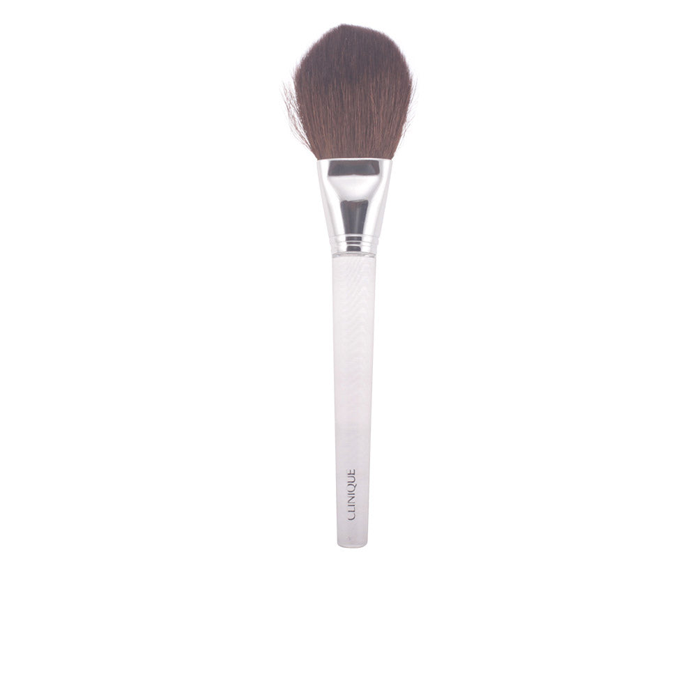 Soft brown-tipped bristles, metal ferrule and long white handle — Clinique powder foundation brush.
