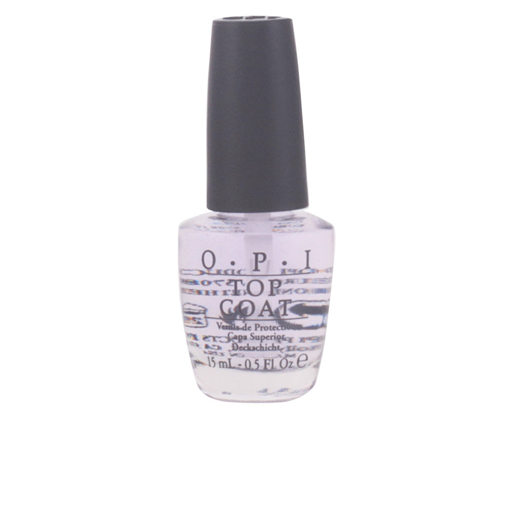 Clear high-gloss OPI top coat bottle with wide brush, salon-quality finish