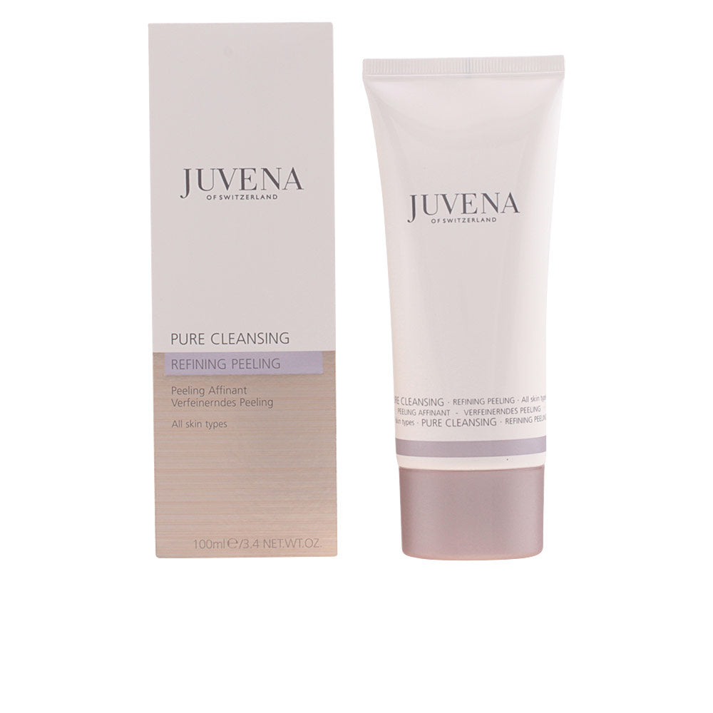Minimalist matte tube and box of white and light beige facial cleanser with screw cap, branded Juvena.