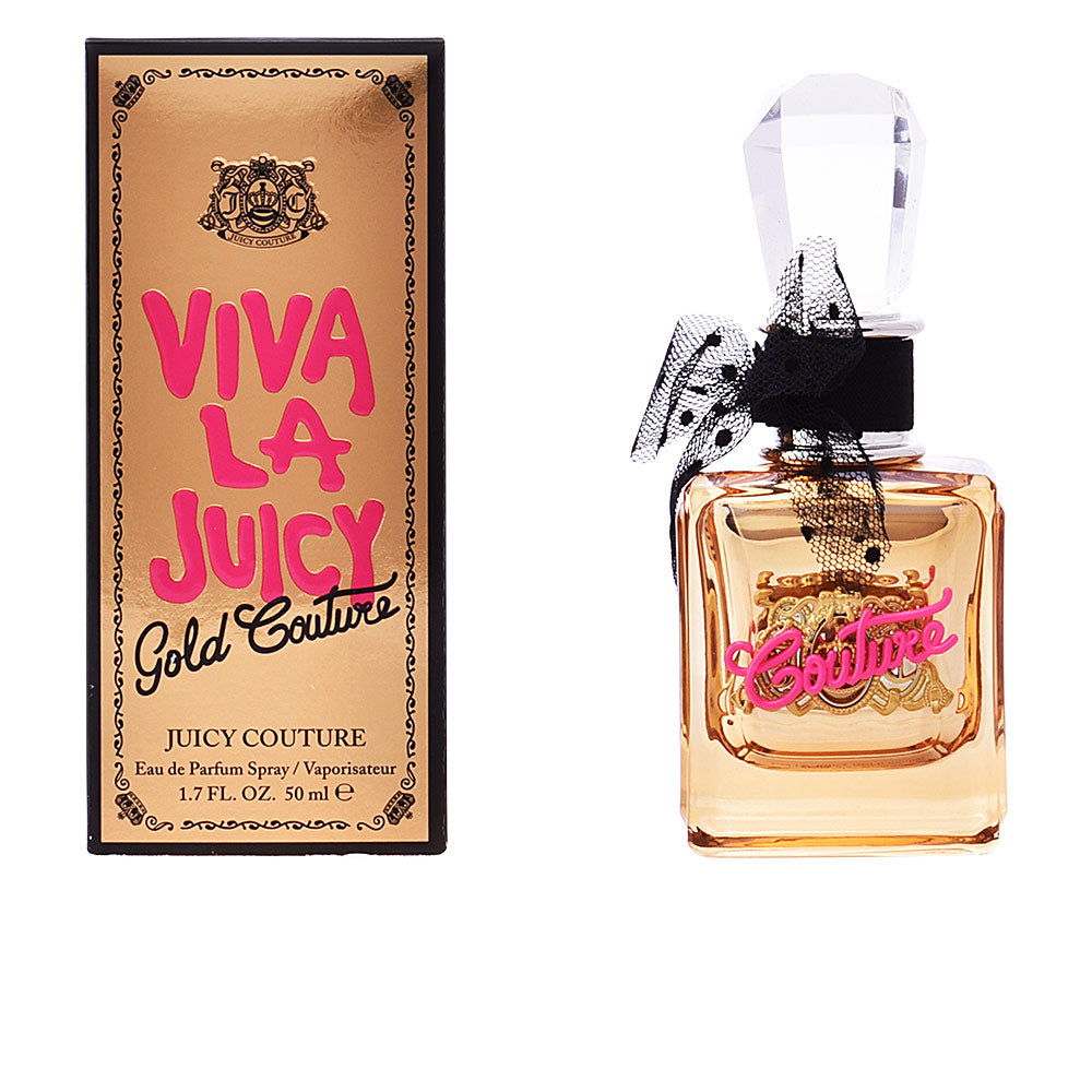 Gilded perfume bottle labelled Gold Couture, 100 ml, floral‑gourmand scent for Women