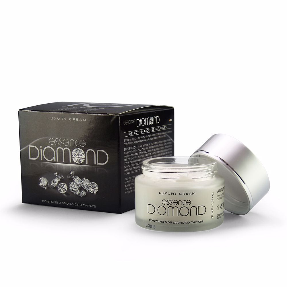 Diet Esthetic Luxury glass cream jar with silver screw-on lid beside black box featuring diamond graphic and branded text