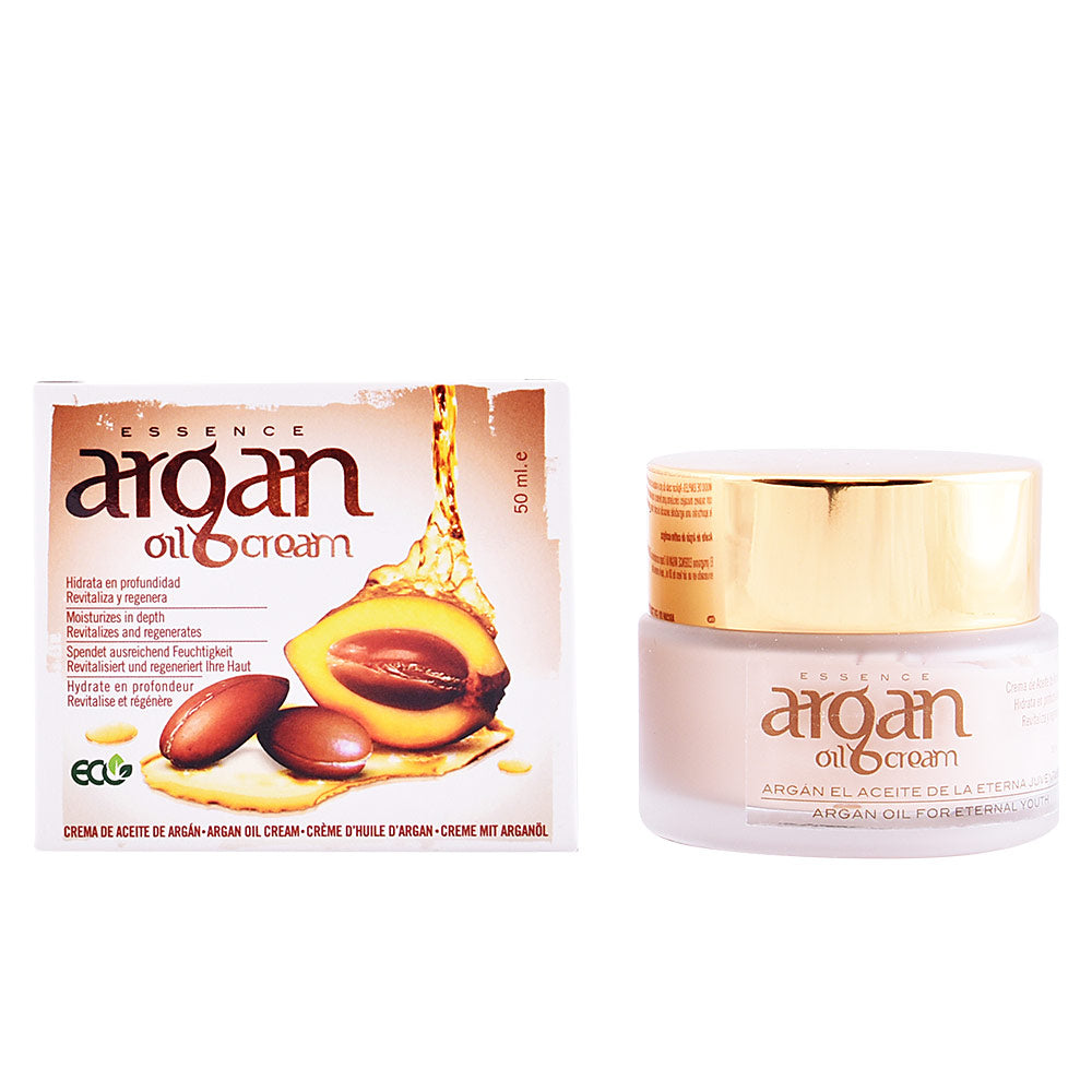 White plastic jar with golden screw cap beside box showing argan nut image and oil illustration, Diet Esthetic