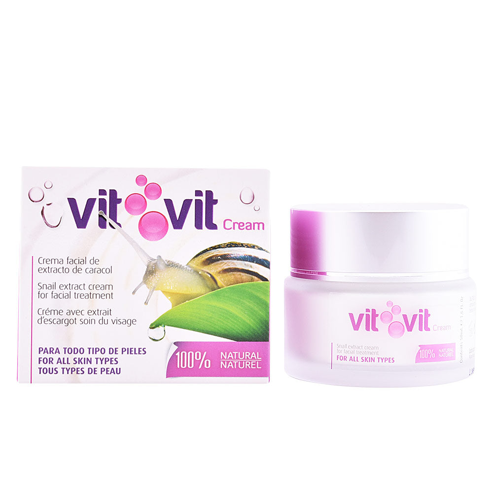 Diet Esthetic White cream jar with purple lid and pink-green boxed sleeve, snail and leaf graphics, bubbles