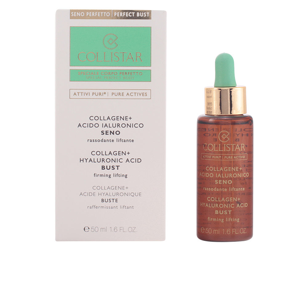 Collistar Glass serum bottle with dropper, gold collar and printed label beside rectangular box in brown, green, white.