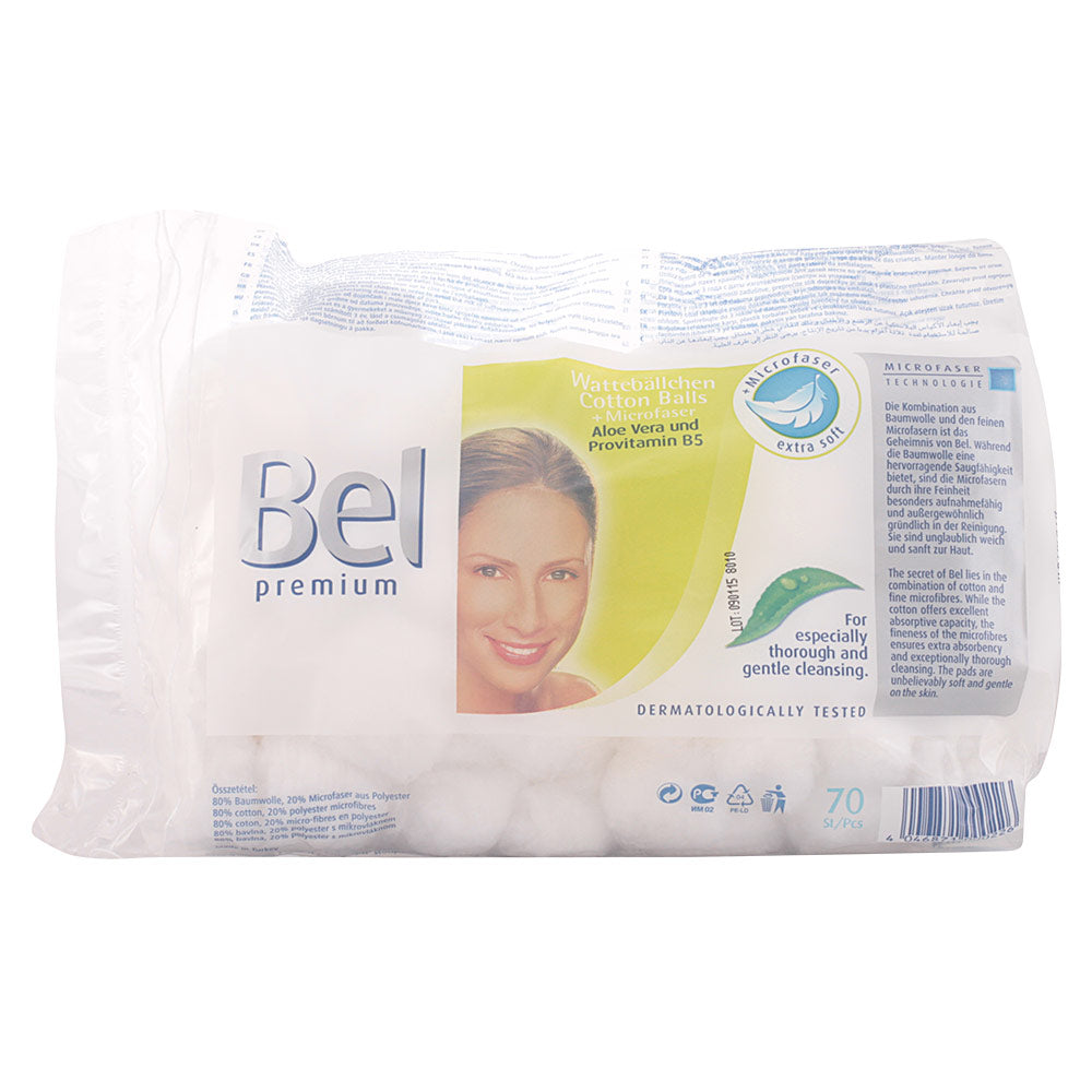 Bel cotton and microfiber cleansing balls in white, yellow, and blue, extra-soft texture visible