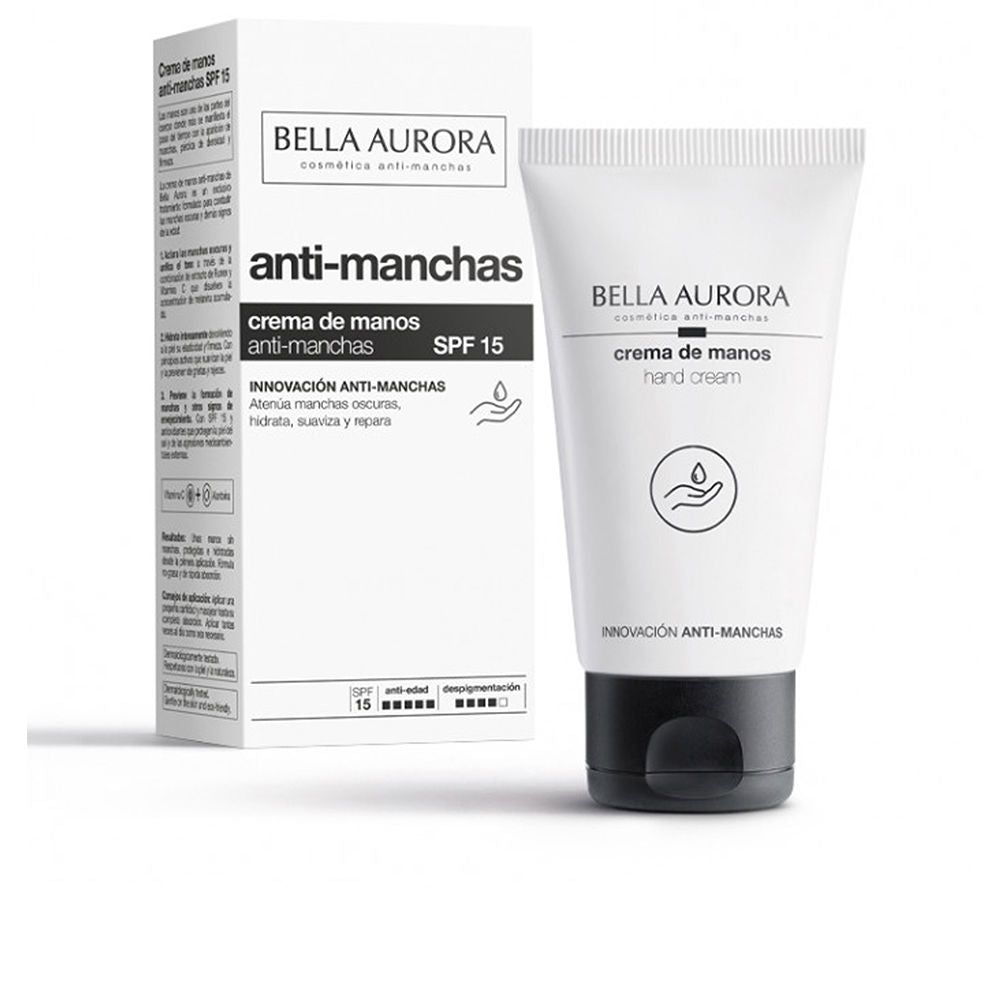 Bella Aurora White plastic tube with flip cap beside black cardboard box, minimalist printed text and icons