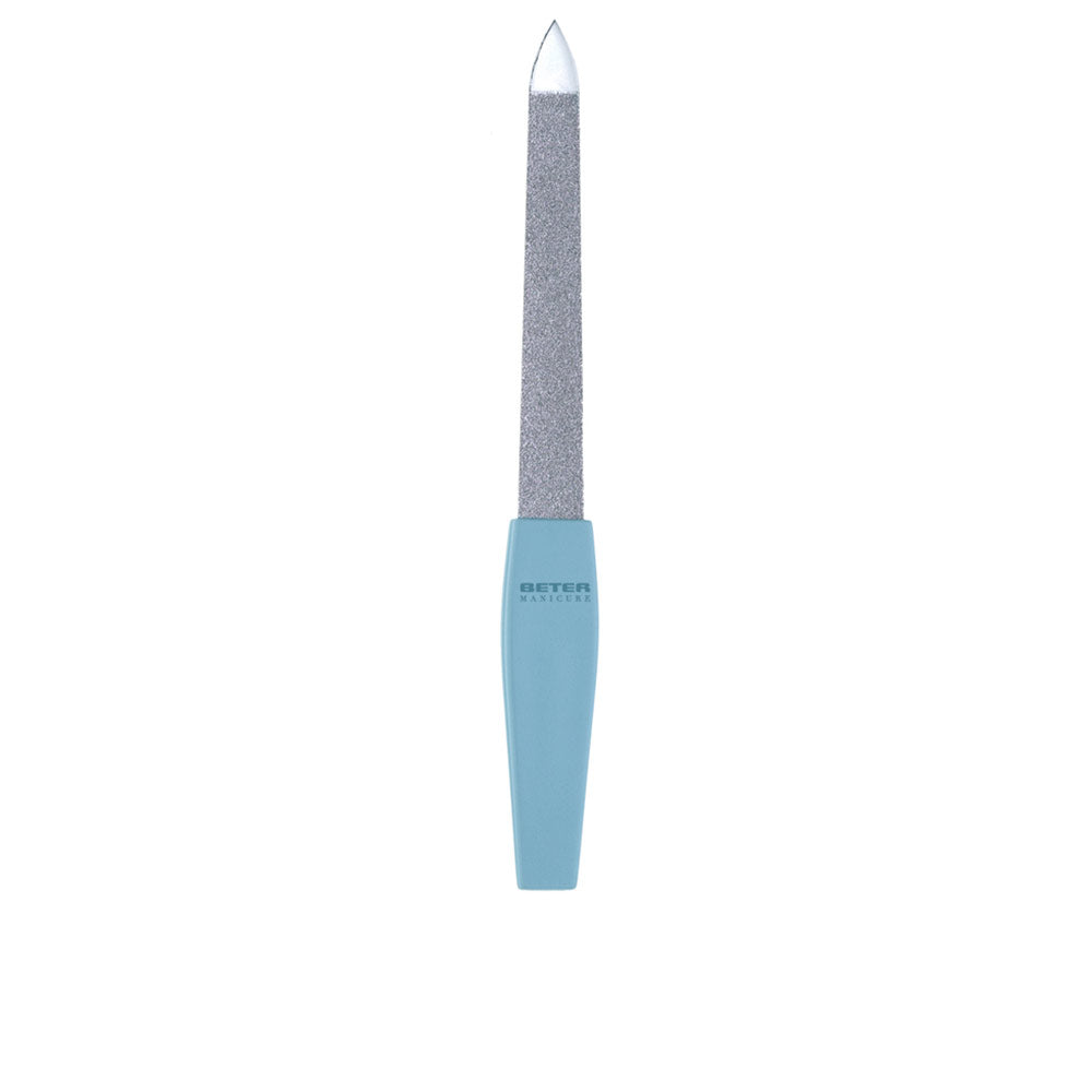 Slim blue-handled nail file with silver metal grit surface, pointed tip, tapered handle, Beter text