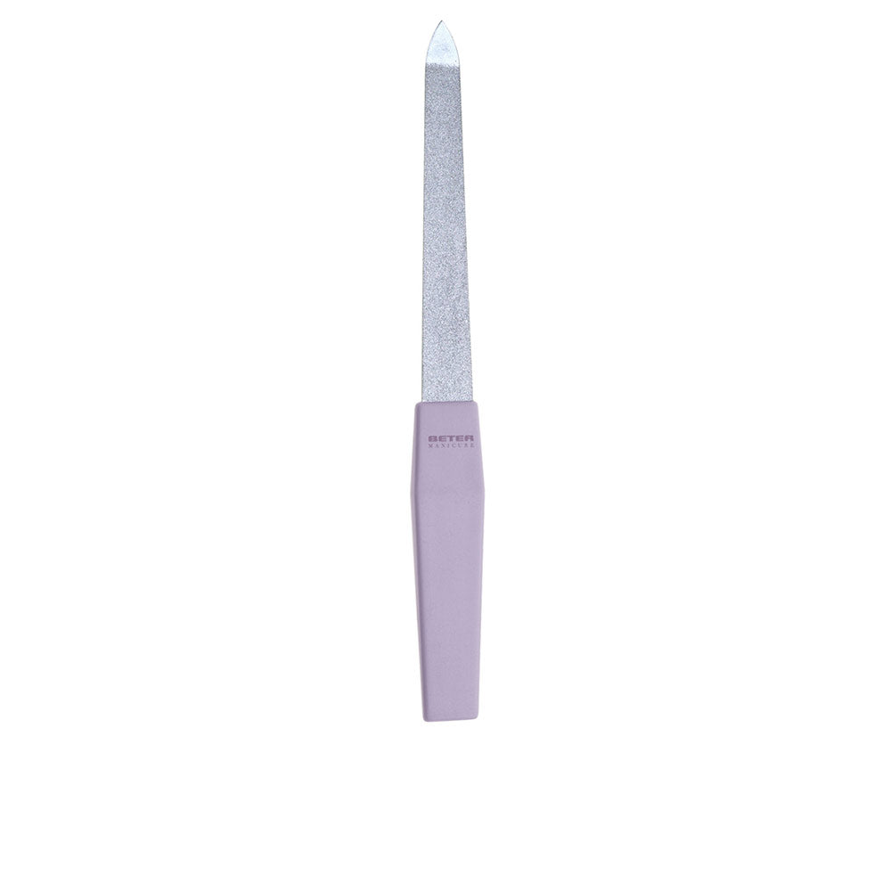 Slim metal nail file with sapphire-etched surface, single-piece grooming tool