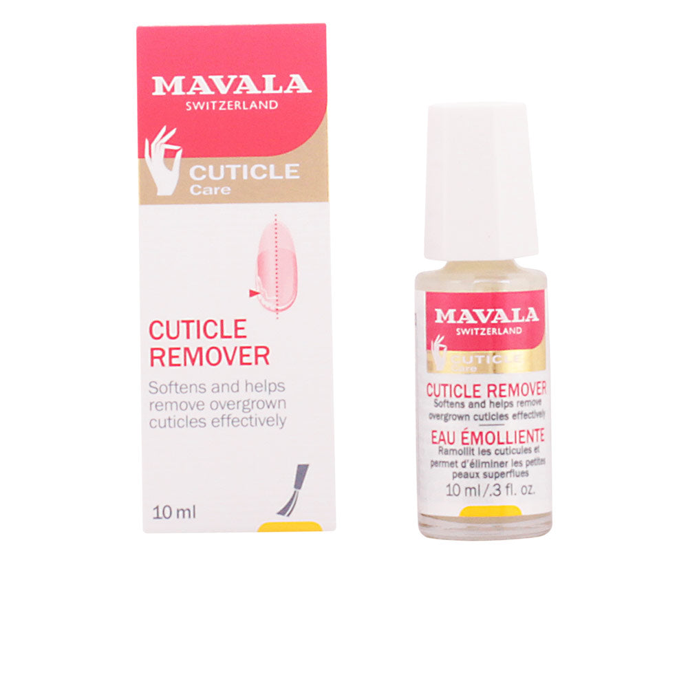 Mavala Small white plastic bottle with brush applicator beside rectangular red and gold box, measurement markings visible.