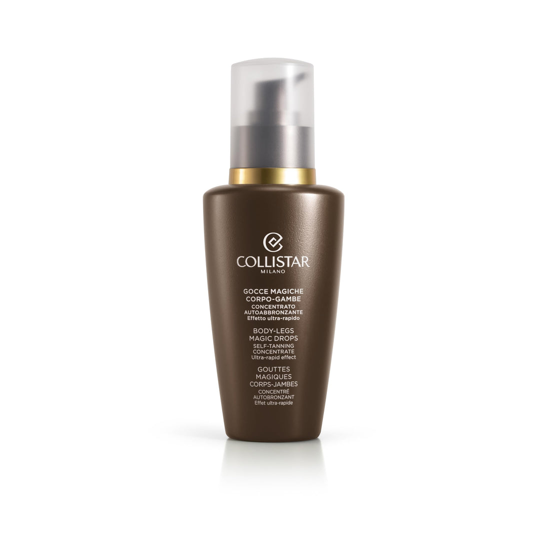 Collistar Magic Body Leg Drops bottle with bronzing leg application depiction