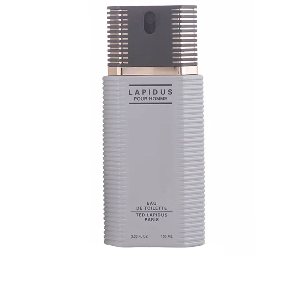 Ted Lapidus Gray rectangular eau de toilette bottle with ribbed body, spray nozzle and black‑and‑gold striped cap