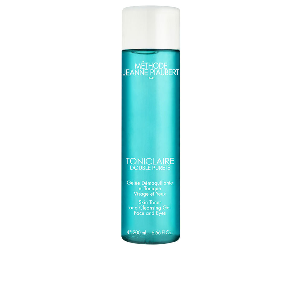 Jeanne Piaubert Turquoise cylindrical plastic gel bottle with white screw cap, printed front text, transparent liquid
