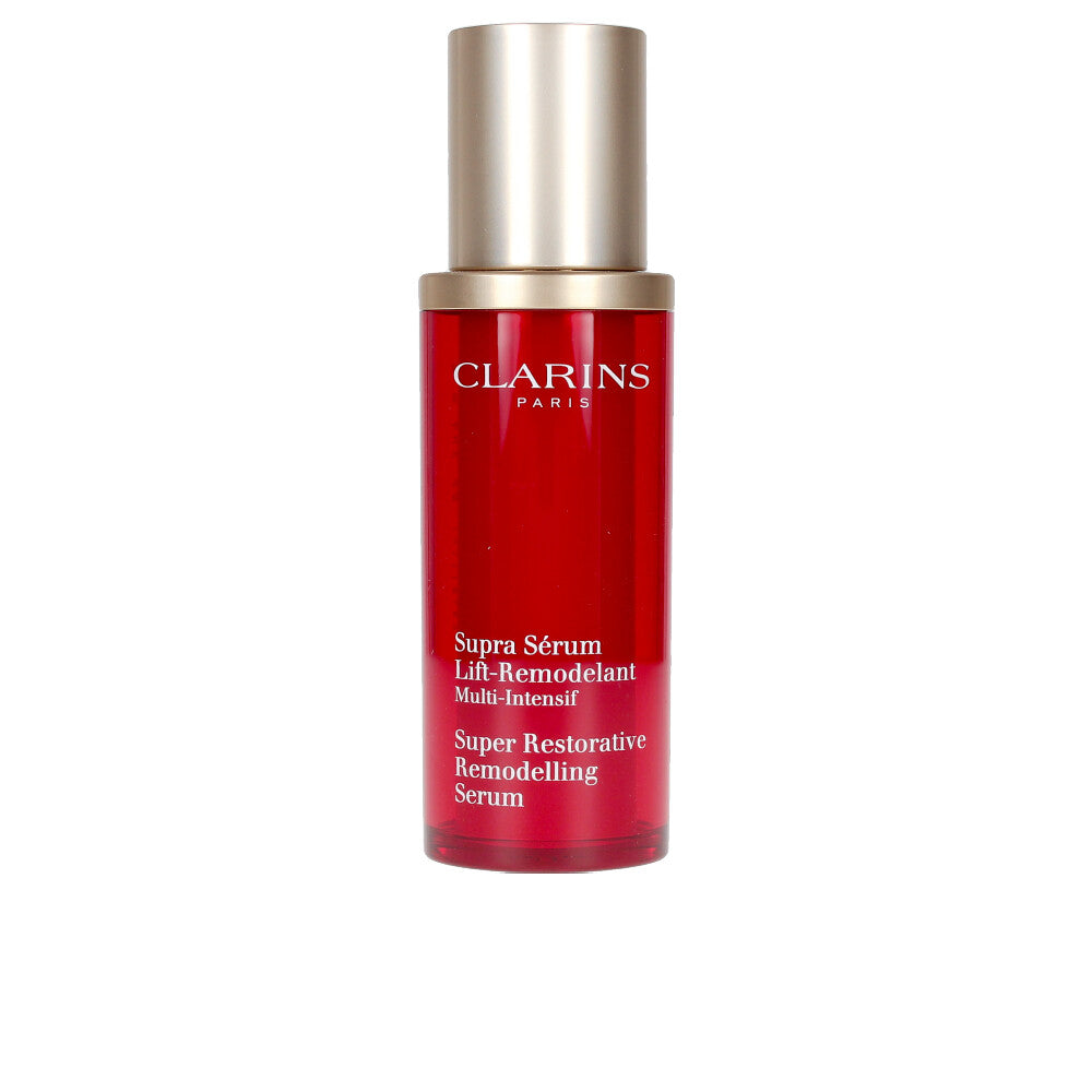 Clarins red and gold opaque plastic serum bottle with pump dispenser, modern sleek silhouette, refined finish.