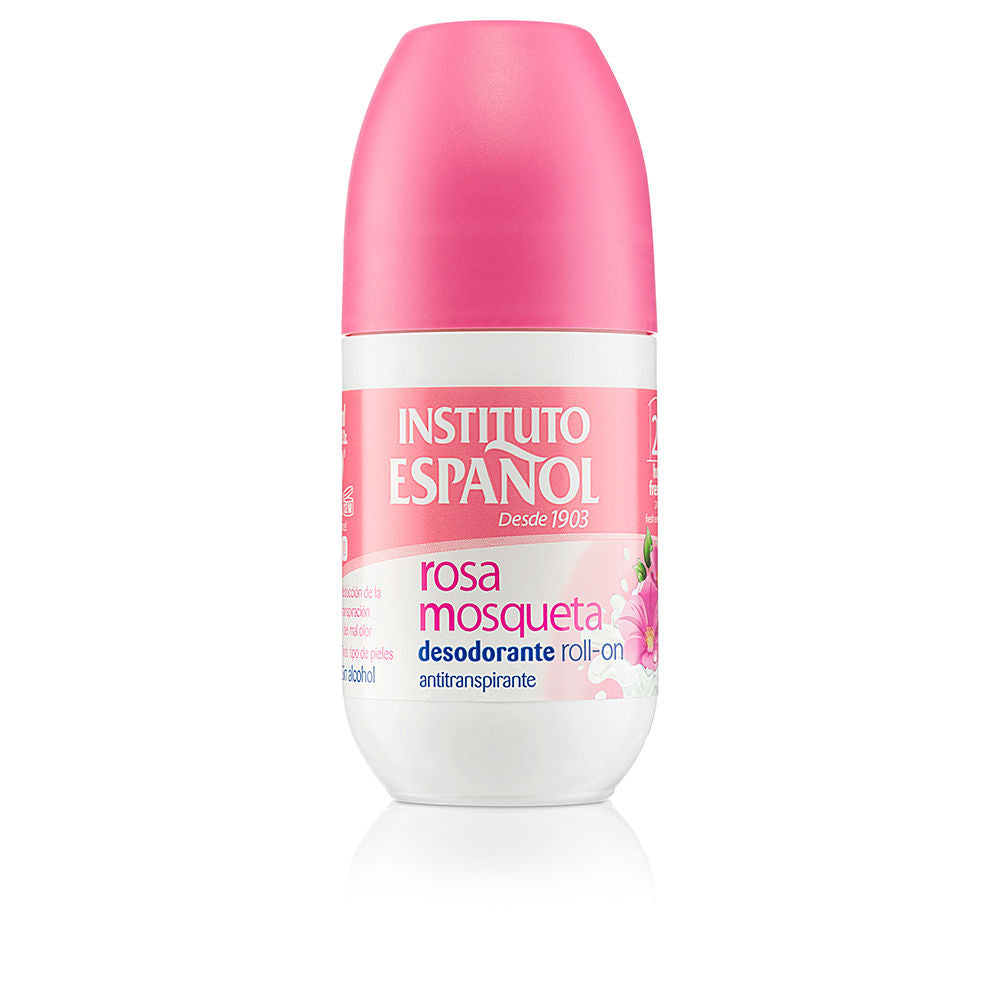 Roll-on deodorant bottle labeled Rosa Mosqueta by Instituto Español for sensitive skin