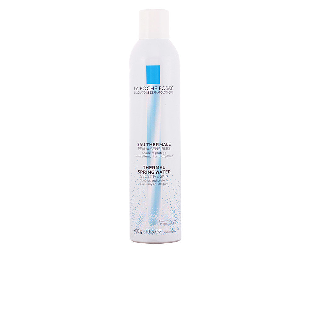 la Roche Posay Cylindrical white plastic thermal spring water spray with blue vertical stripe and nozzle cap