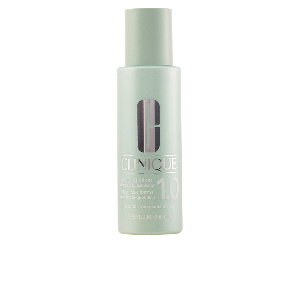 Bottle of Clinique Clarifying Lotion 1.0, alcohol- and fragrance-free toner for gentle exfoliation