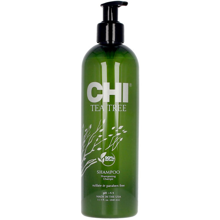 Clear 355 ml shampoo bottle labeled Tea Tree &amp; Mint, unisex clarifying formula