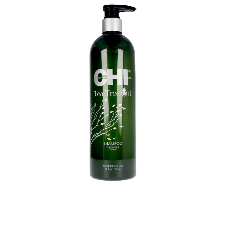 739 ml clear shampoo bottle labelled Tea Tree &amp; Mint, mint-green liquid