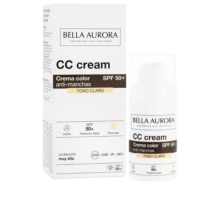 Tinted CC cream tube labelled Bella Aurora with SPF 50+ for anti‑dark spot correction