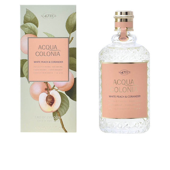 4711 Peach and green glass eau de cologne bottle with textured pattern, gold cap, illustrated box