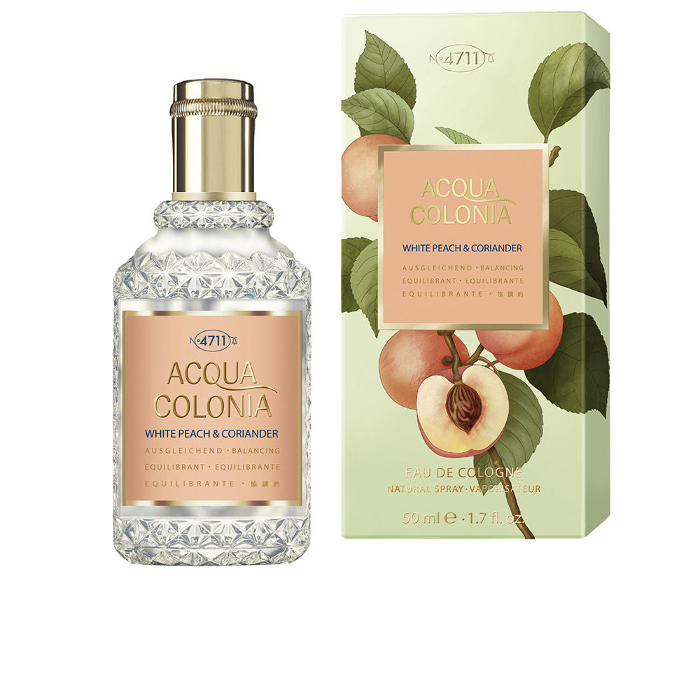 50 ml clear eau de cologne bottle labelled White Peach &amp; Cilantro, Unisex fragrance