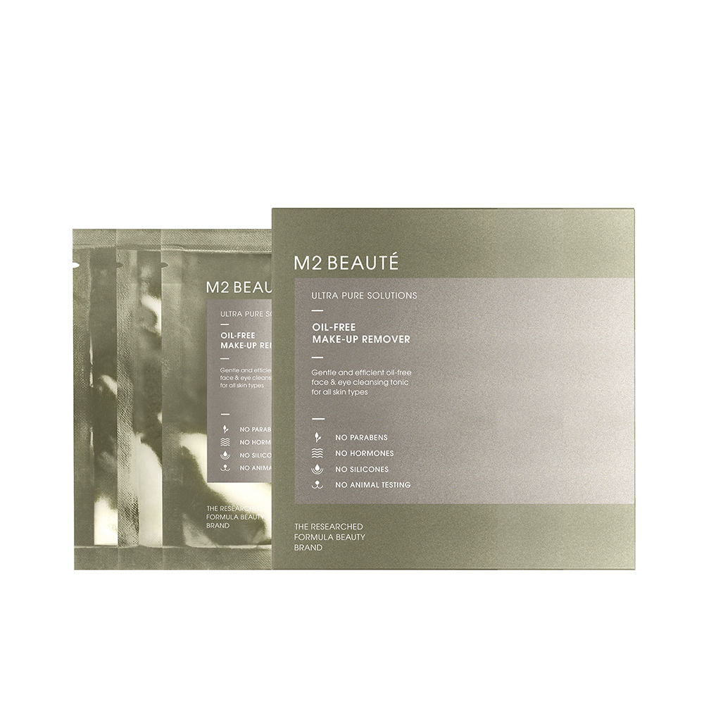 M2-beaut Olive green and light gray rectangular plastic sachets with matte finish, printed text, multiple sachets
