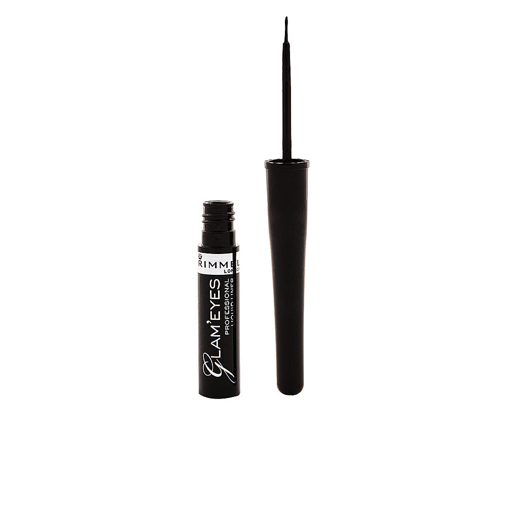 Rimmel Sleek black liquid eyeliner in plastic cylindrical tube with thin brush applicator and screw-on cap