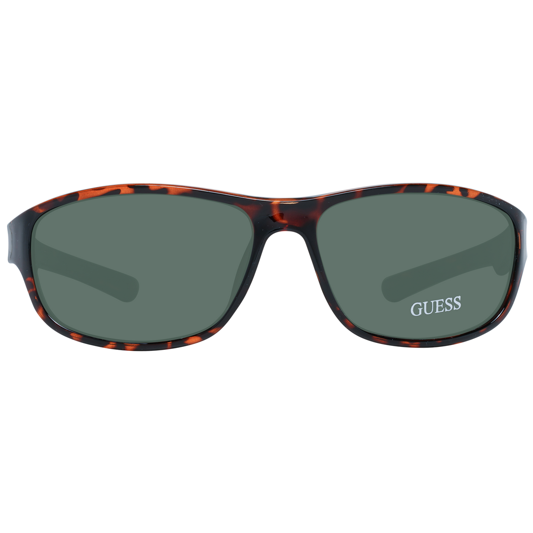 Unisex tortoise shell rectangular sunglasses in plastic full-rim with dark green lenses and logo on temple