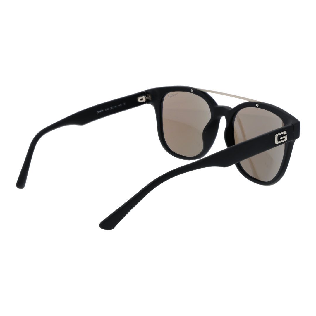 Unisex black plastic sunglasses with blue‑purple mirrored lenses and thin metal bridge, temple logo visible