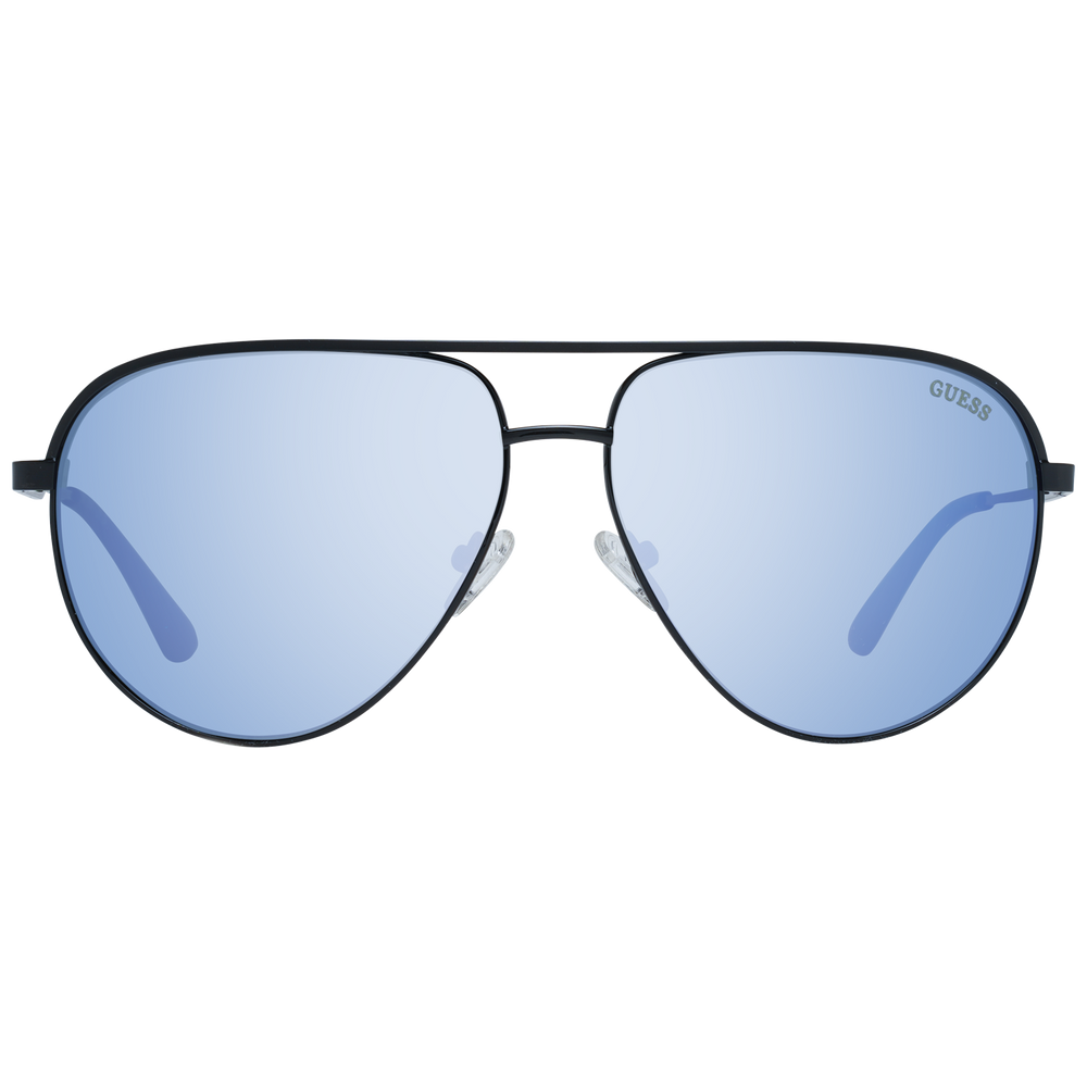 Unisex black thin metal aviator sunglasses with blue lenses and adjustable plastic nose pads on white background