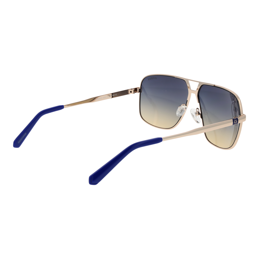 Unisex gold metal aviator sunglasses with blue-to-clear gradient lenses and double bridge, logo on temple