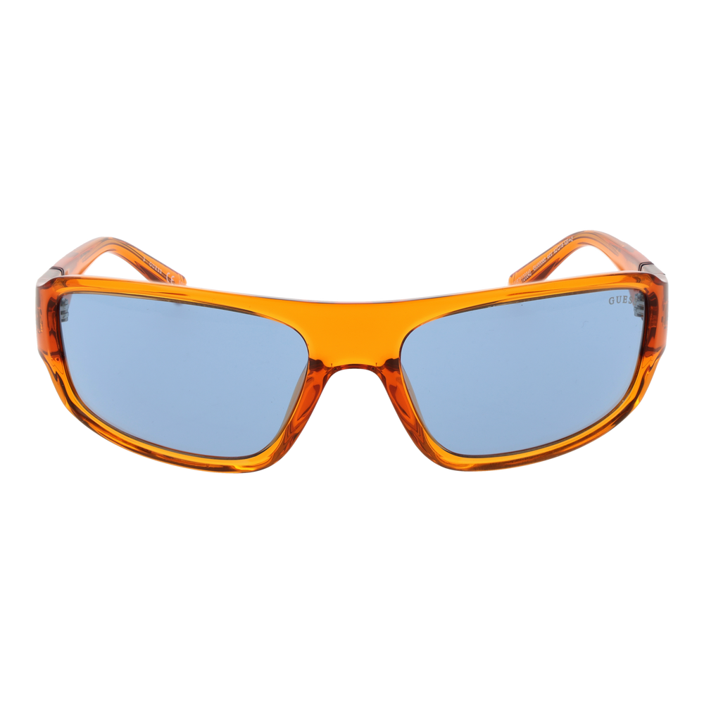 Transparent orange plastic sport sunglasses with rectangular blue lenses and visible logo on lens and temples