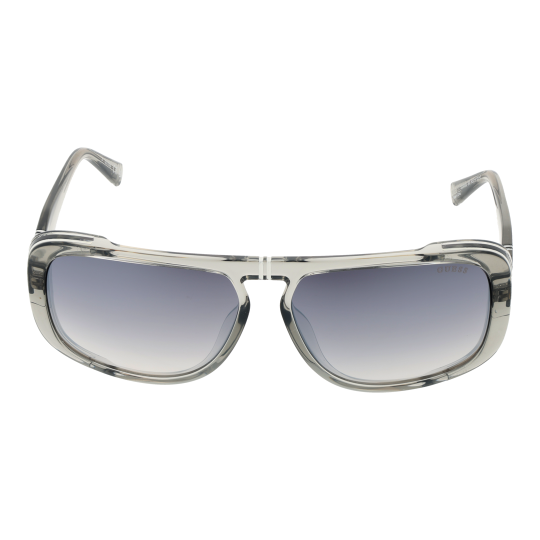 Transparent gray rectangular sunglasses with double bridge and gradient dark lenses, logo on lens and temples