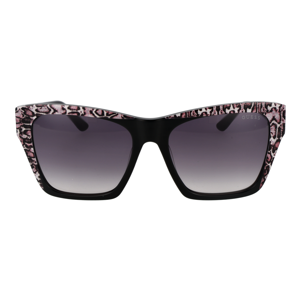 Black, pink and purple cat-eye sunglasses with animal-print edges and gradient lenses, Guess logo on temple