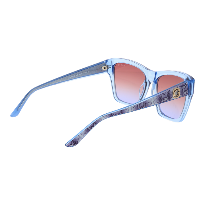 Blue to brown gradient square sunglasses in plastic frame with patterned temples and logo accents