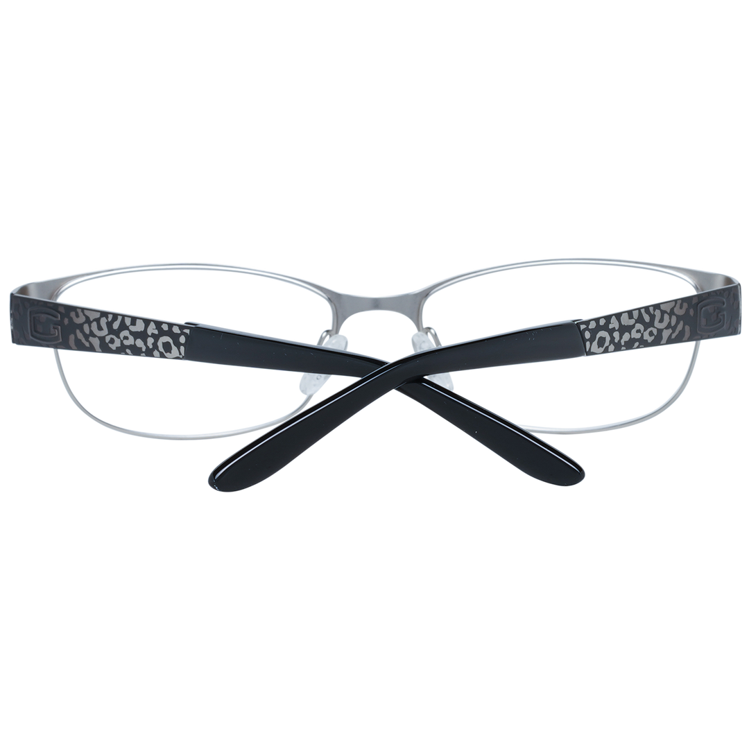 Black metal semi-rimless eyeglasses with rectangular lenses and leopard-print temples on neutral background
