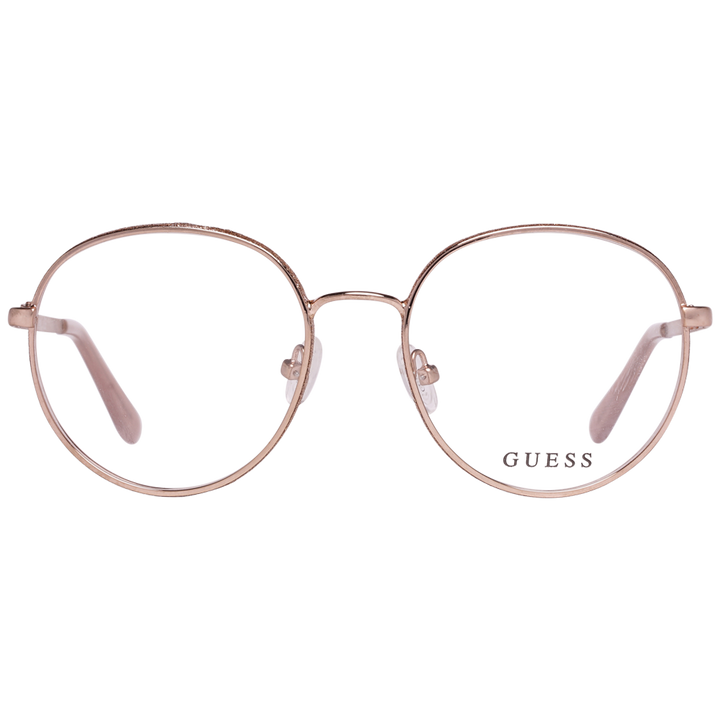 Rose gold thin metal round eyeglasses with nose pads on neutral background, classic style for Women