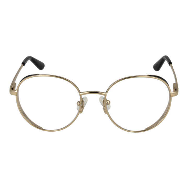 Unisex gold metal round eyeglasses with thin frame and black temple tips, front view on white background.