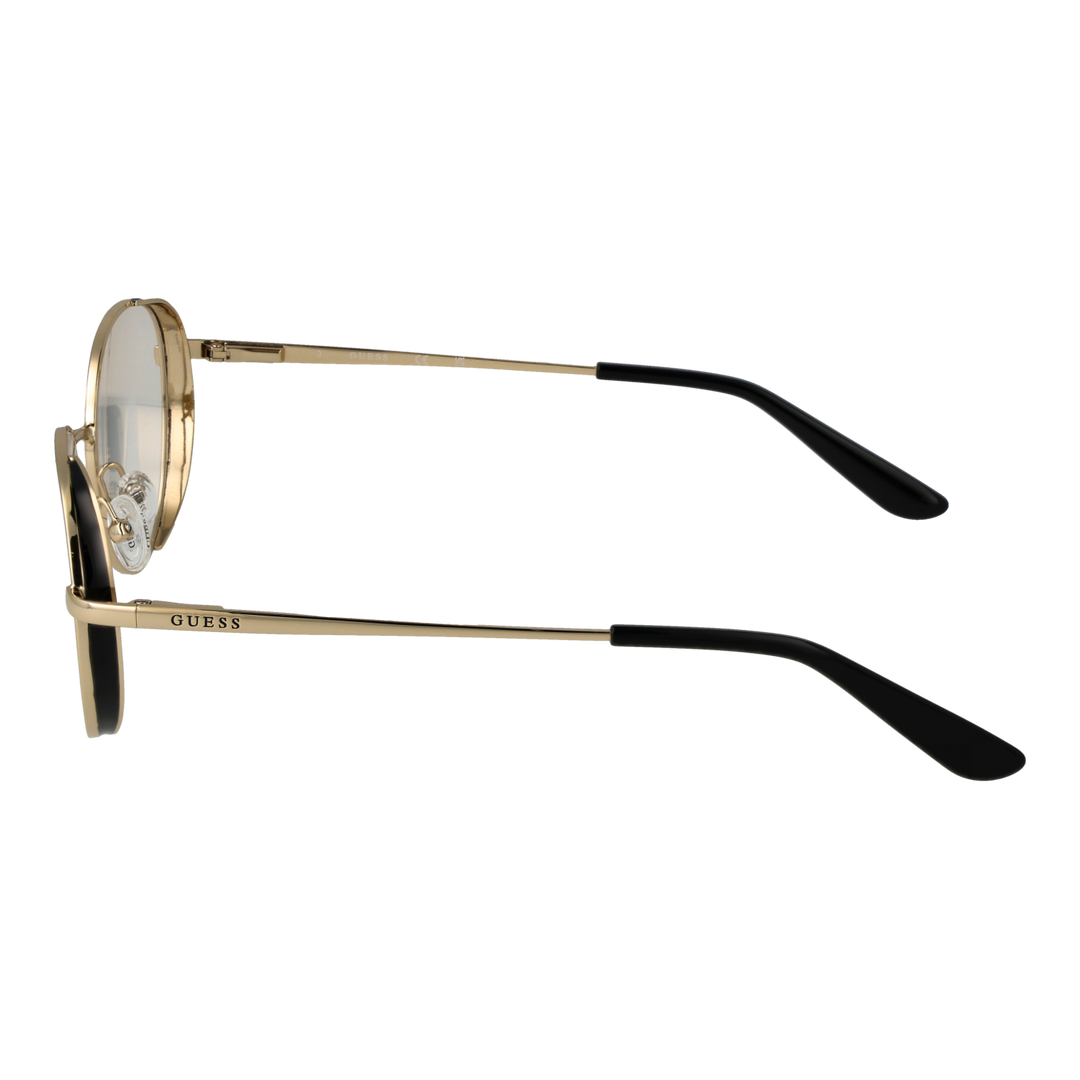 Unisex gold metal round eyeglasses with thin frame and black temple tips, front view on white background.